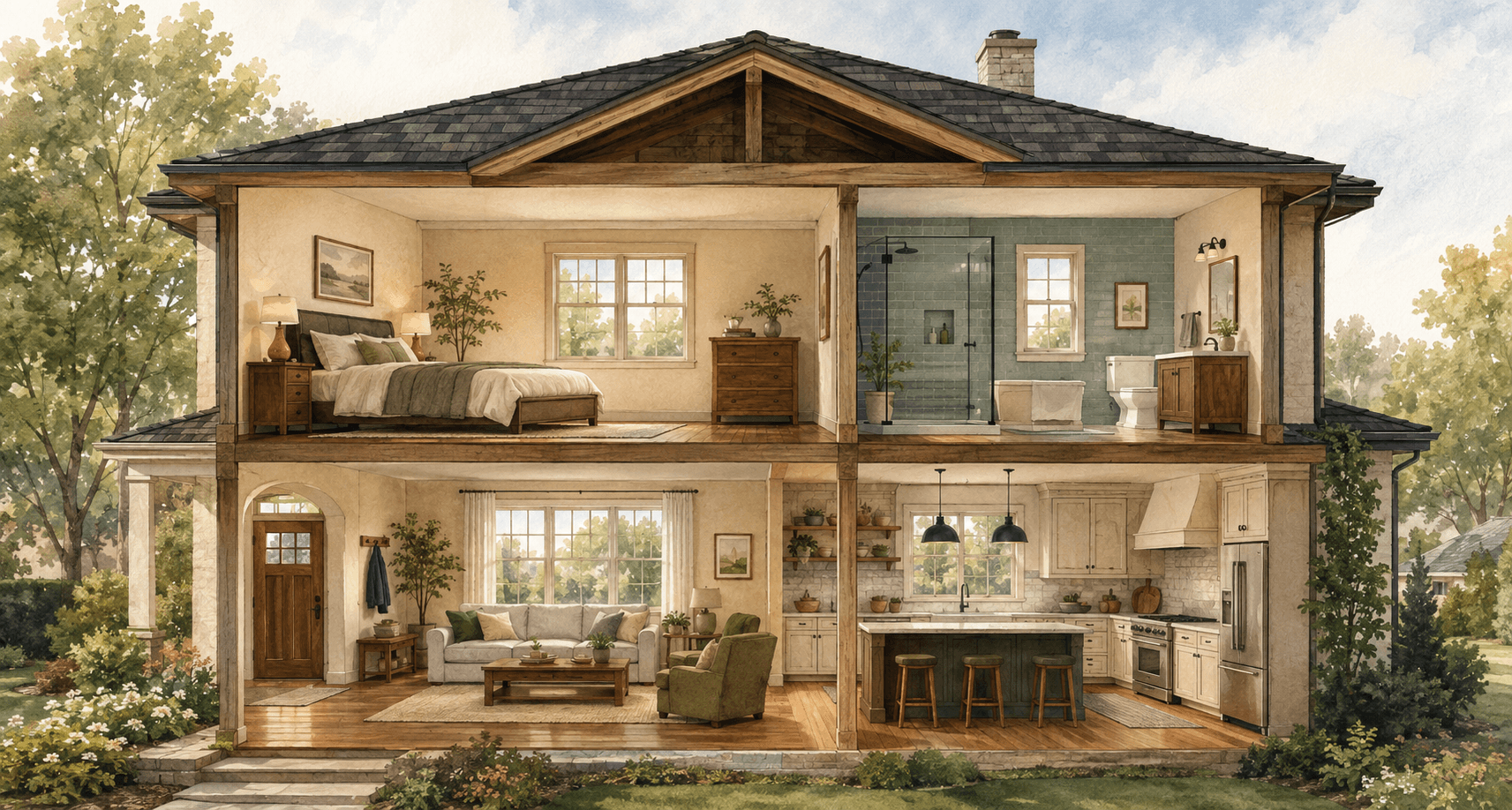 Warm cutaway illustration of a home showing a bedroom, bathroom, living room, entry, and kitchen